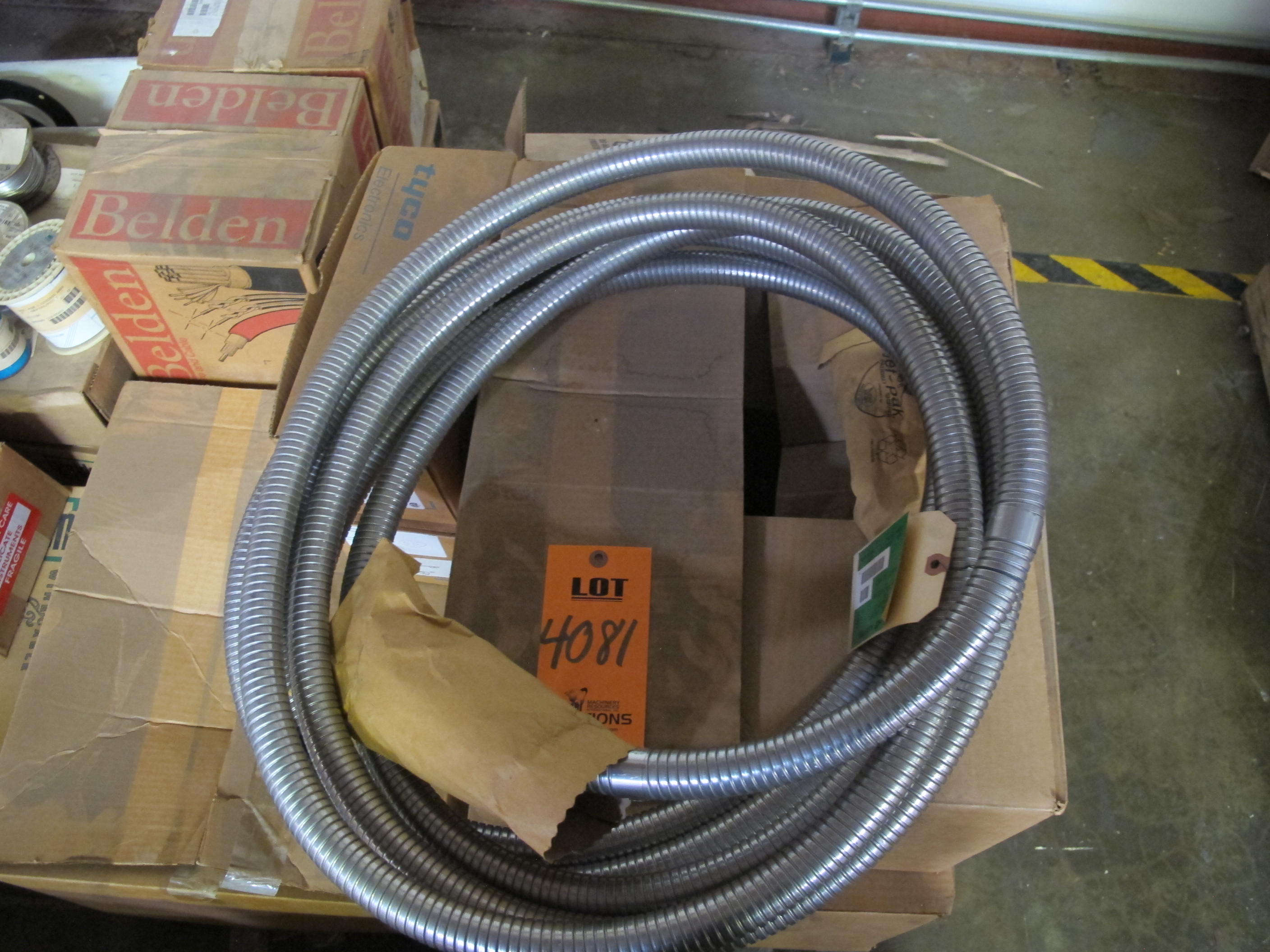 LOT TO INCLUDE: (1) CABLE, ELECTRICAL TYPE, 50 FT SIZE, 5 CONDUCTOR CONDUCTOR, SHIELDED KIND. 50 FT. CABLE WITH MATING VP 6.0 CONNECTOR, (8) PIGTAILS, ELECTRICAL TYPE, COLLECTOR SHOE KIND, 8 FT LG SIZE, (100) CONNECTORS, ELECTRICAL TYPE, 4/0 AWG CONDUCTOR, TERMINAL KIND. (2) 1/2" STUD, UNINSULATED, (4) CABLES, ELECTRICAL TYPE, 22 AWG SIZE, 93 OHMS RATING, COPPER MATERIAL, 2 CONDUCTOR, COAXIAL, RG-62A/U KIND. SHIELDED, COPPERWELD, VINYL JACKETED, POLYETHYLENE INSULATED, 1000 FT LG. LOADING & HANDLING FEE $15-4081